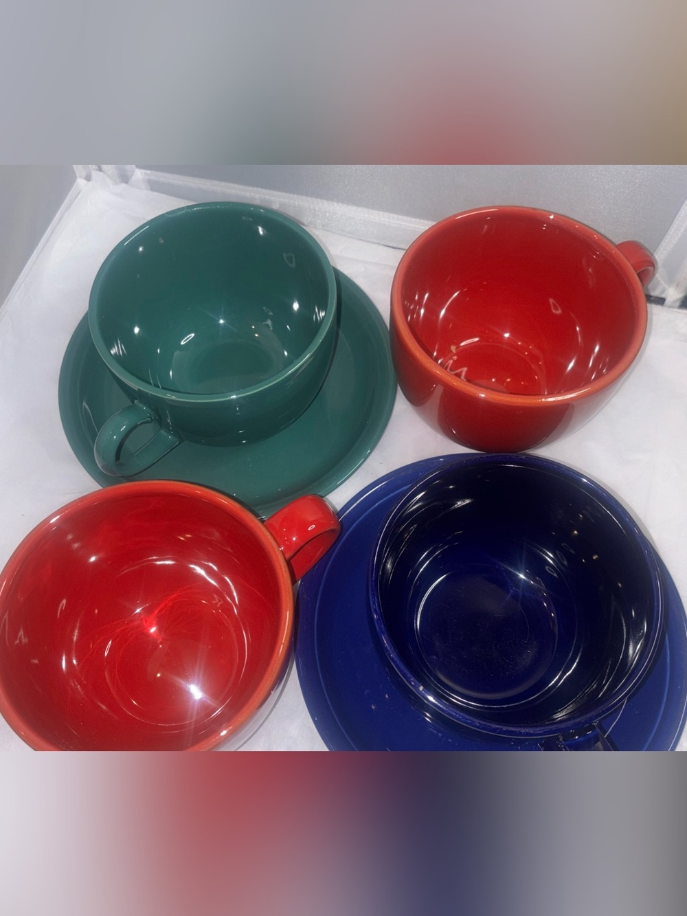 Colorful large Ceramic Tea Cup and Saucer Set - Green, Red, Navy, Red